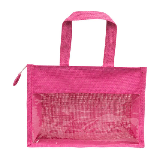 12x10x5 inch Window Jute Hamper Bag – With Zip, Pink, Self Handle