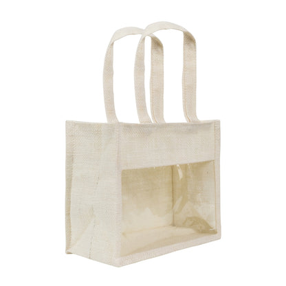 10x8x5 inch Window Jute Hamper Bag – With Zip, Off White, Self Handle