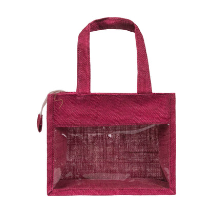 10x8x5 inch Window Jute Hamper Bag – With Zip, Maroon, Self Handle