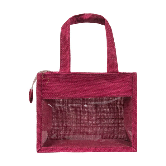 10x8x5 inch Window Jute Hamper Bag – With Zip, Maroon, Self Handle