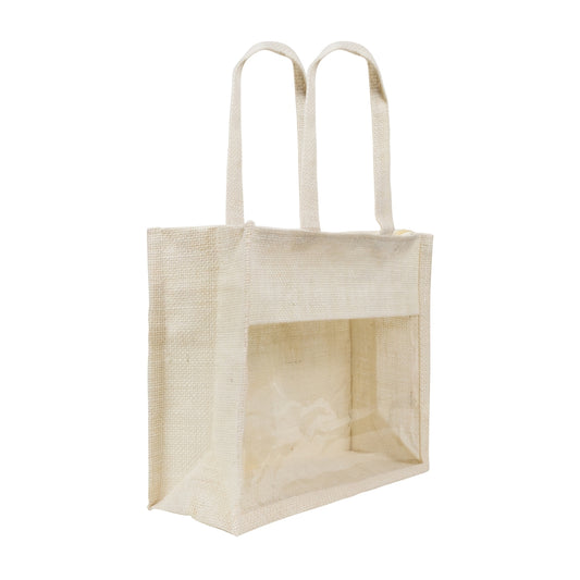 12x10x5 inch Window Jute Hamper Bag – With Zip, Off White, Self Handle