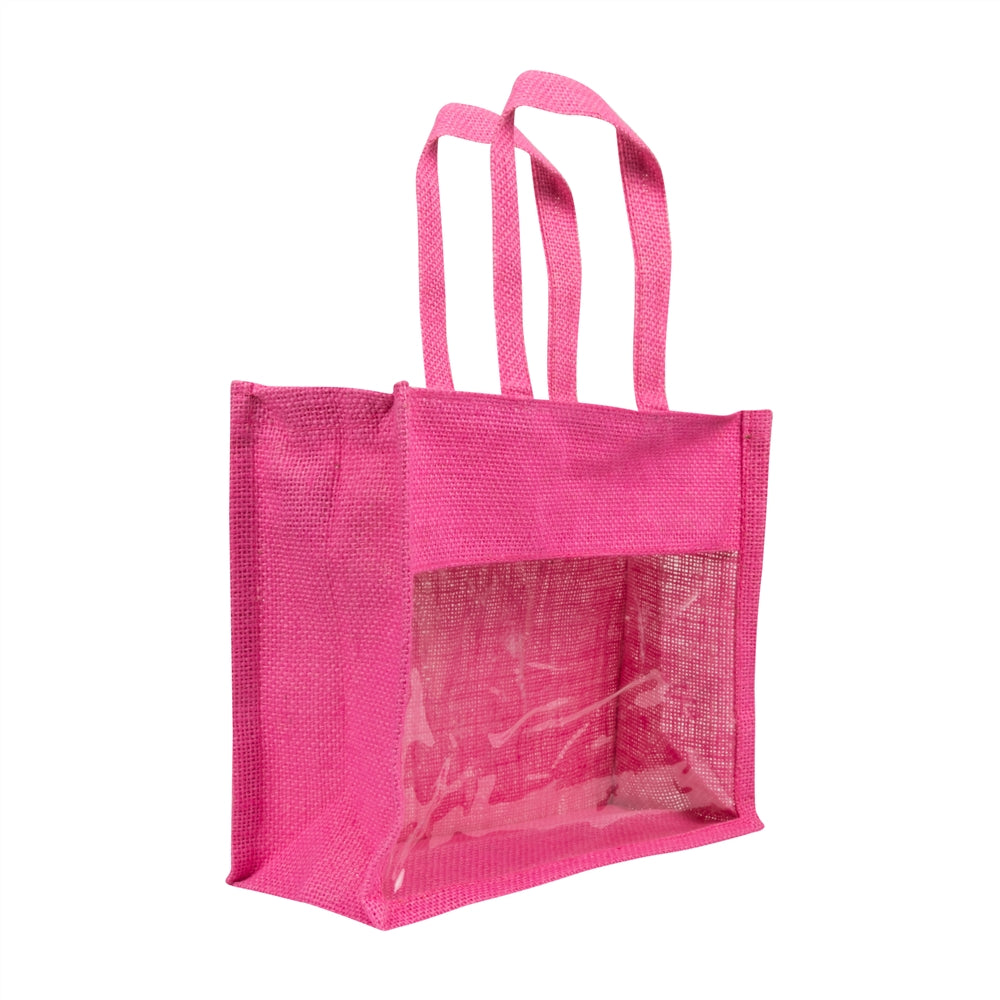 12x10x5 inch Window Jute Hamper Bag – With Zip, Pink, Self Handle
