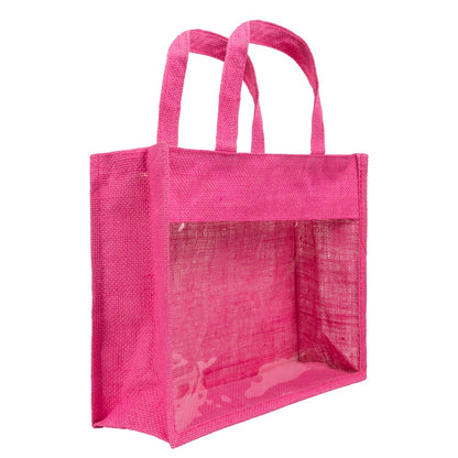14x12x5 inch Window Jute Hamper Bag – With Zip, Pink, Self Handle