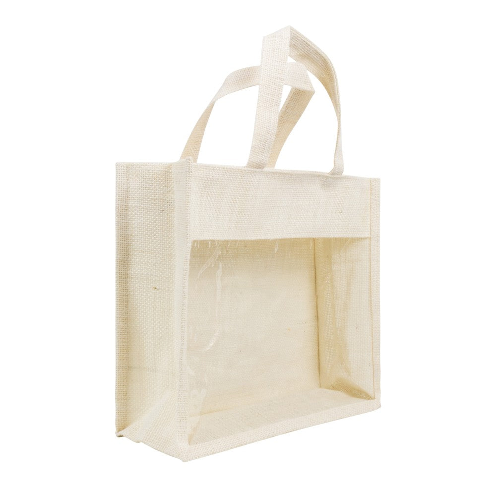 14x12x5 inch Window Jute Hamper Bag – With Zip, Off White, Self Handle