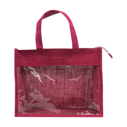 14x12x5 inch Window Jute Hamper Bag – With Zip, Maroon, Self Handle