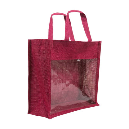 14x12x5 inch Window Jute Hamper Bag – With Zip, Maroon, Self Handle
