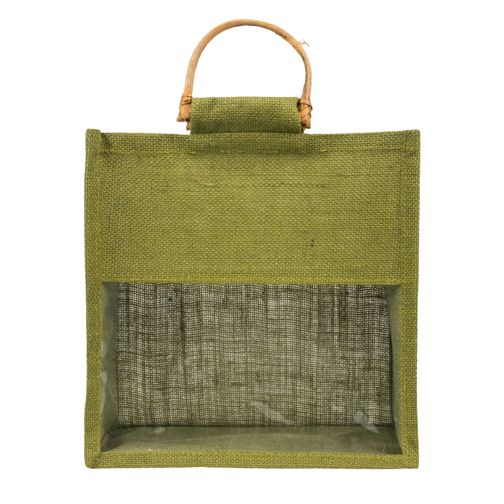 10x10x5 inch Window Jute Hamper Bag – Without Zip, Olive Green, Cane Handle