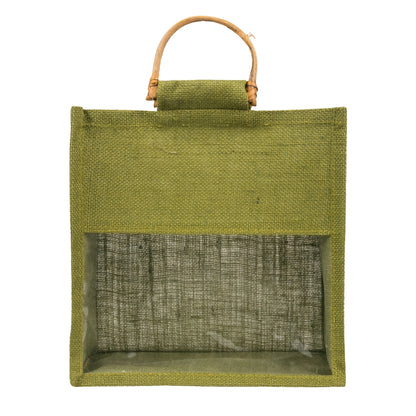 10x10x5 inch Window Jute Hamper Bag – Without Zip, Olive Green, Cane Handle