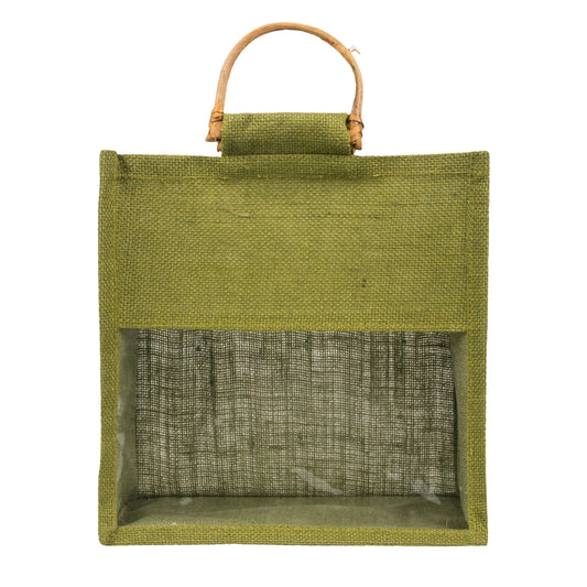 10x10x5 inch Window Jute Hamper Bag – Without Zip, Olive Green, Cane Handle