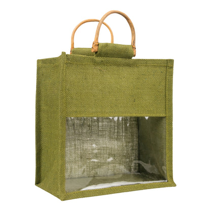 10x10x5 inch Window Jute Hamper Bag – Without Zip, Olive Green, Cane Handle