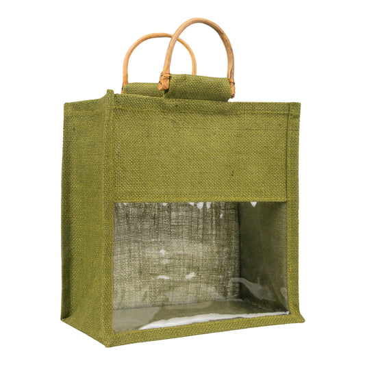 10x10x5 inch Window Jute Hamper Bag – Without Zip, Olive Green, Cane Handle