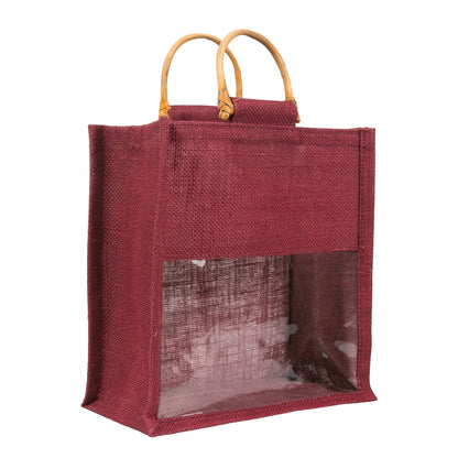 10x10x5 inch Window Jute Hamper Bag – Without Zip, Maroon, Cane Handle