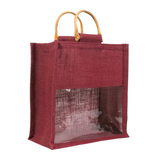 10x10x5 inch Window Jute Hamper Bag – Without Zip, Maroon, Cane Handle
