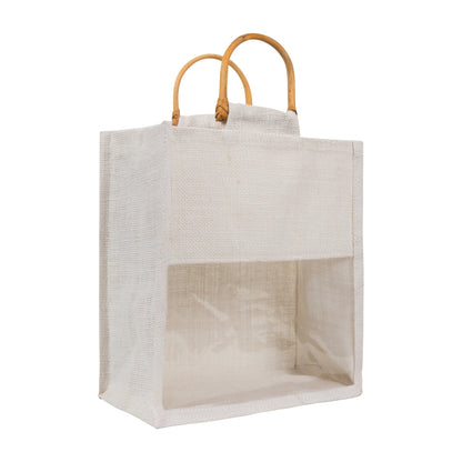 10x10x5 inch Window Jute Hamper Bag – Without Zip, Super White, Cane Handle