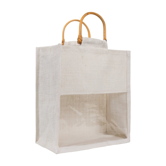 10x10x5 inch Window Jute Hamper Bag – Without Zip, Super White, Cane Handle