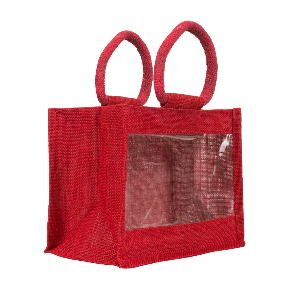 10x8x6 inch Window Jute Hamper Bag – With Zip, Red