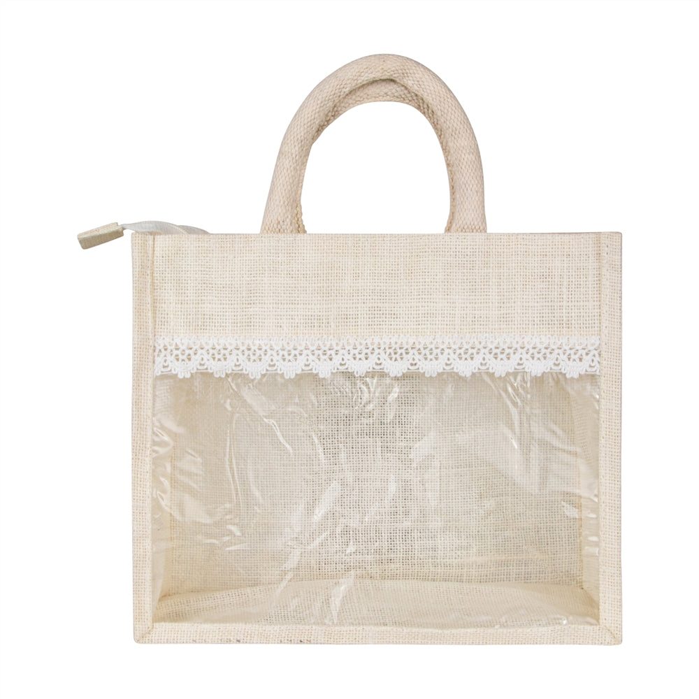 12x10x5 inch Window Jute Hamper Bag – With Zip & Lace, Off White