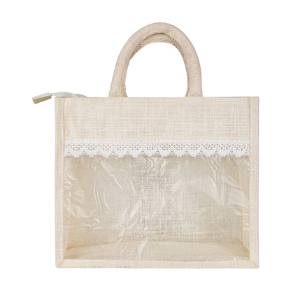 12x10x5 inch Window Jute Hamper Bag – With Zip & Lace, Off White