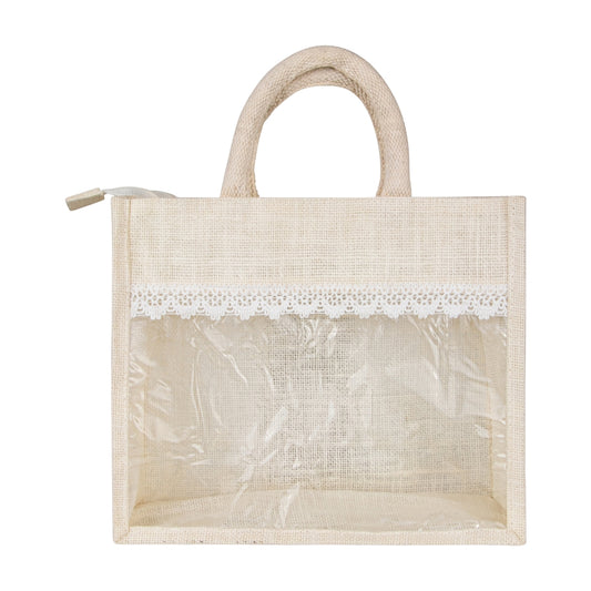 12x10x5 inch Window Jute Hamper Bag – With Zip & Lace, Off White